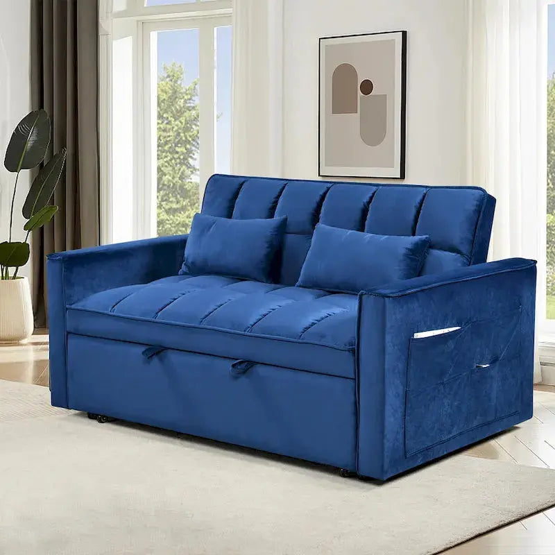 Velvet Futon Loveseat Sofa – Reclining Small-Scale Pullout Bed with Pillows & Pockets