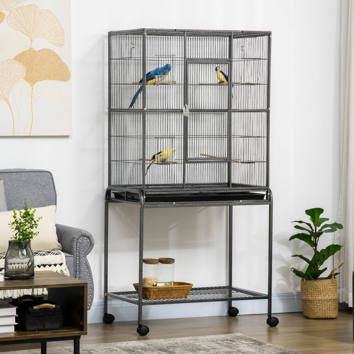 PawHut Vogelkäfig Portable mit 4 Futternäpfen und 4 Holzstangen Praktisch 77 x 47 x 163 cm Schwarz und Grau