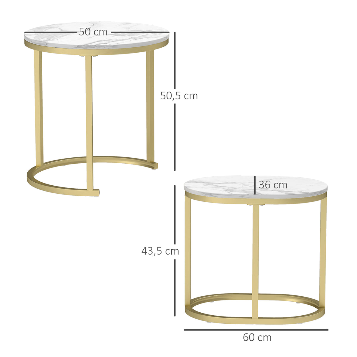 HOMCOM 2er-Set Couchtisch, Ovaler und runder Kaffeetisch, stapelbar, Marmoroptik, Stahl, Ø50 x 50,5 cm, Weiß