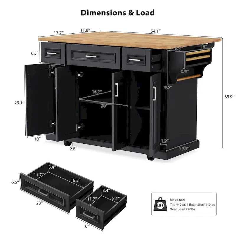 Rolling Kitchen Island Cart – 54″ Rubberwood Drop-Leaf Design with Doors & Drawers