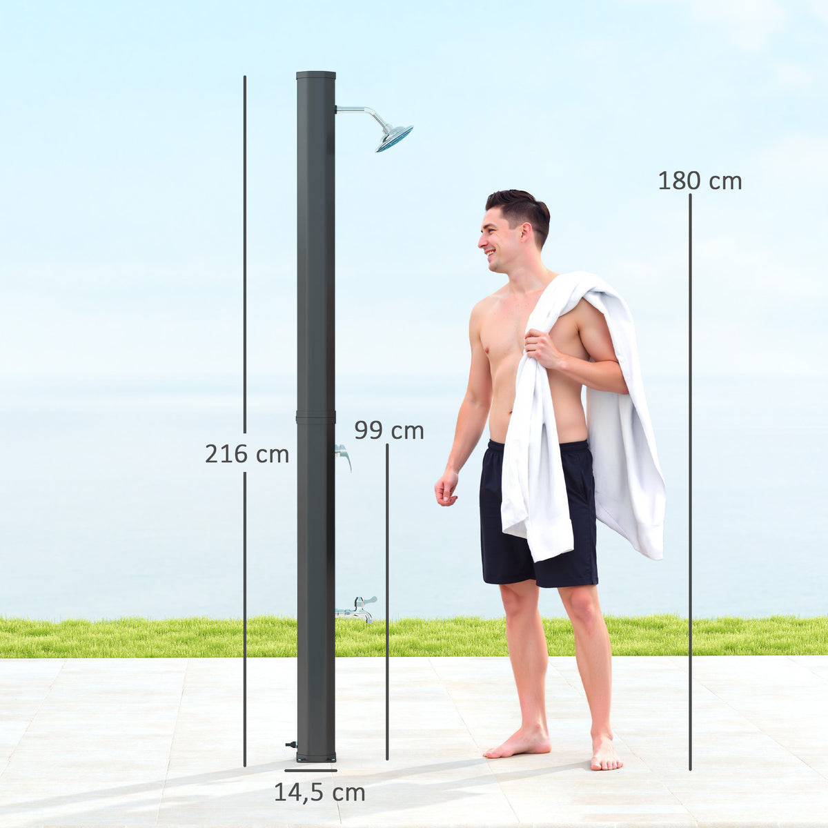 Outsunny Solardusche 35 Liter Solar Gartendusche mit Wasserhahn Duschkopf Handbrause seitliche Tablett, bis 55 °C Schwarz
