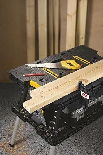 Keter Folding Workbench Table – Miter Saw Stand with Clamps & Compact Garage Storage