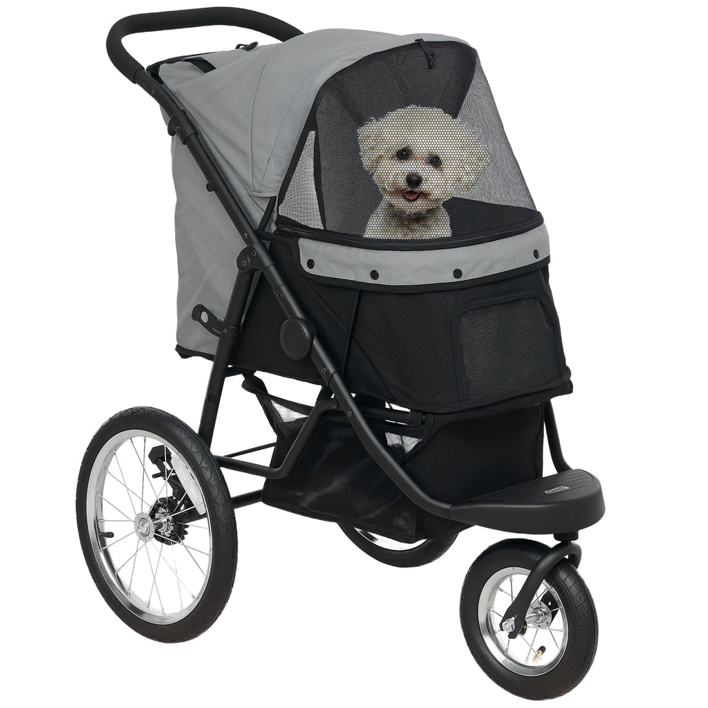 PawHut Hundebuggy, Haustierwagen für kleine Hunde und Katzen, mit Aufbewahrungskorb, Ein-Klick-Faltdesign, Grau