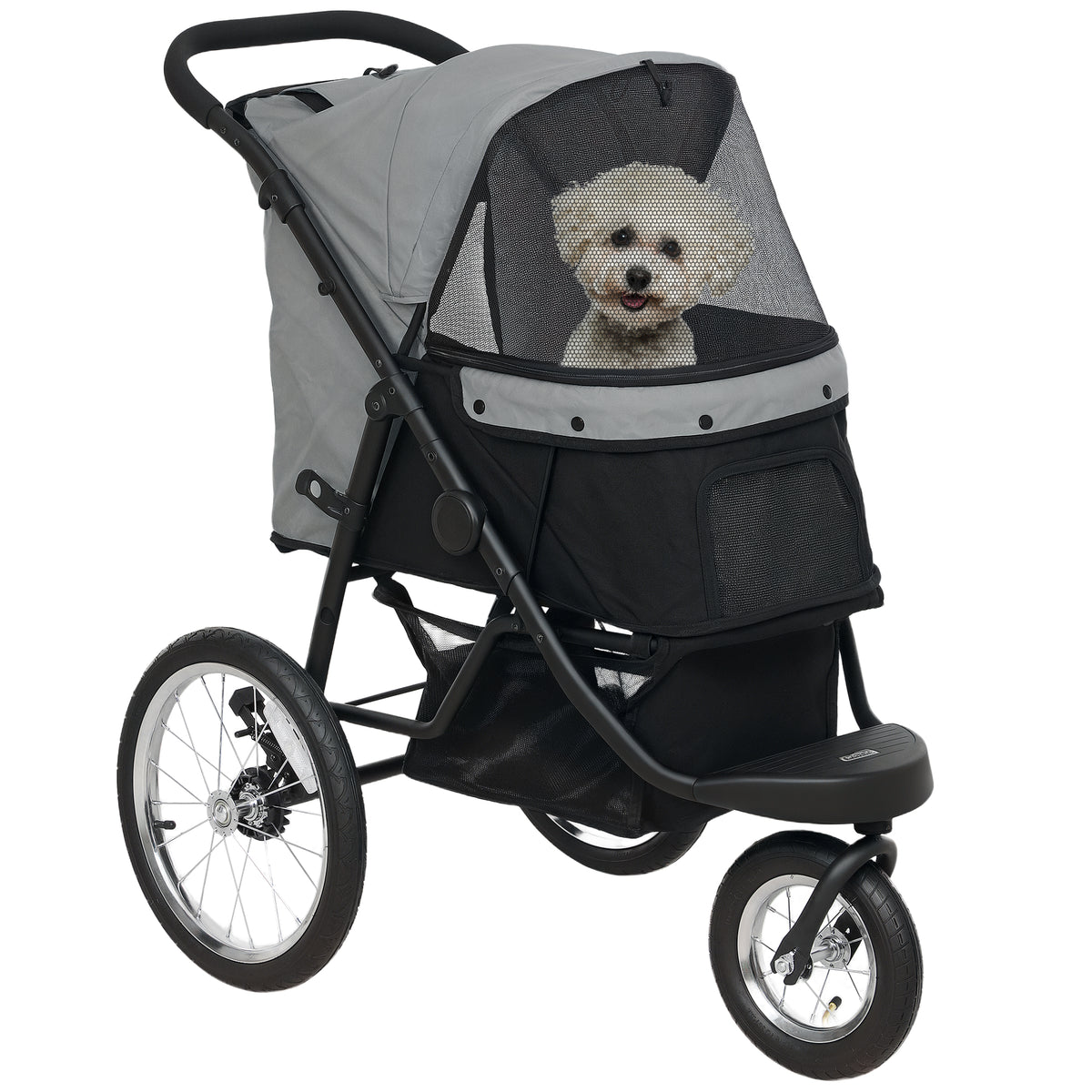 PawHut Hundebuggy, Haustierwagen für kleine Hunde und Katzen, mit Aufbewahrungskorb, Ein-Klick-Faltdesign, Grau