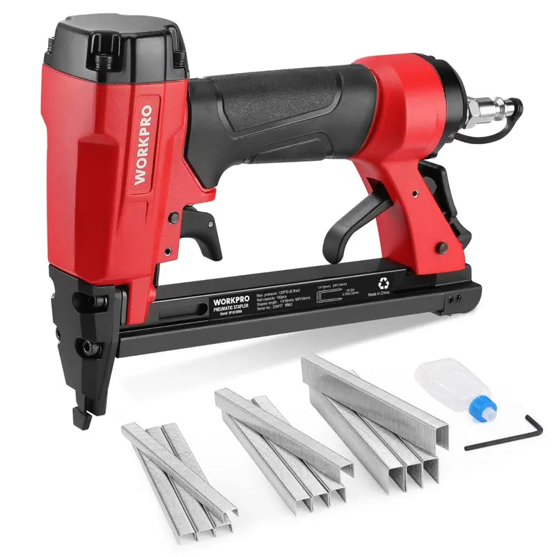 WORKPRO Pneumatic 21/22-Gauge Staple Gun for Upholstery – Includes Staples (1/4″–5/8″)