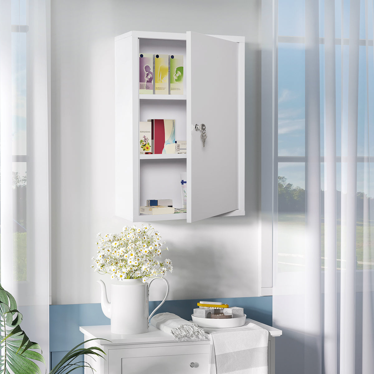 kleankin Medizinschrank Arzneischrank zur Medikamenten-Aufbewahrung, Abschließbar Medikamentenschrank Metall mit 3 Fächern Erste-Hilfe-Schrank, 40 x 18 x 60 cm, Weiß
