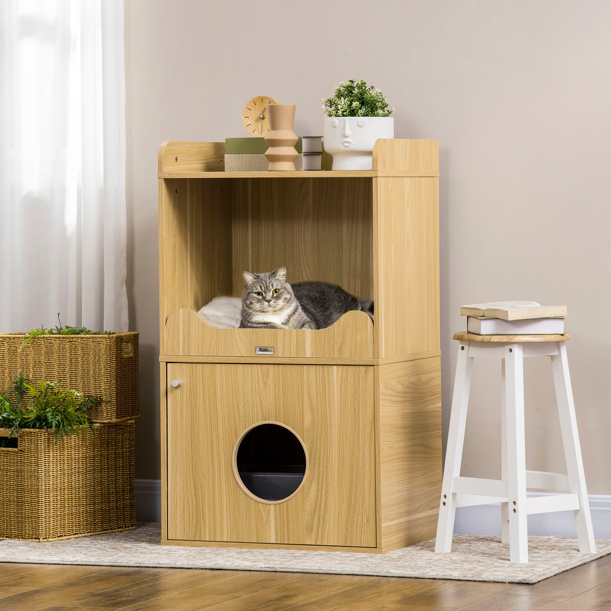 PawHut Katzenklo-Möbel, Katzenstreu-Möbel, 3 Ebenen, Fach mit Tür, 1 Kissen, 60 x 45 x 103 cm