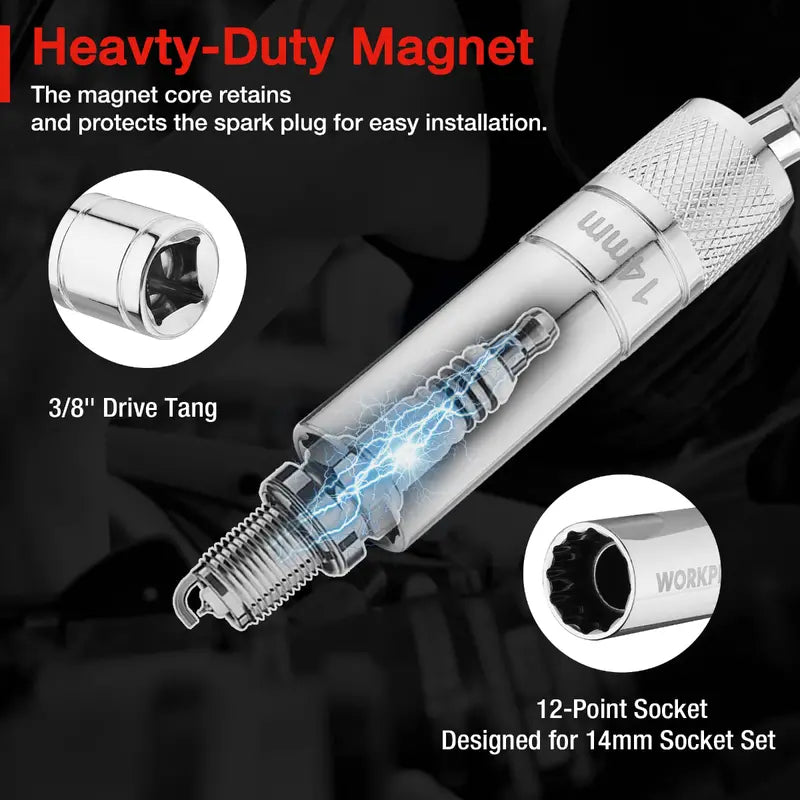 WORKPRO Magnetic Swivel Spark Plug Socket Set – 3-Pc Thin-Wall 14mm + 6″ & 10″ Extensions