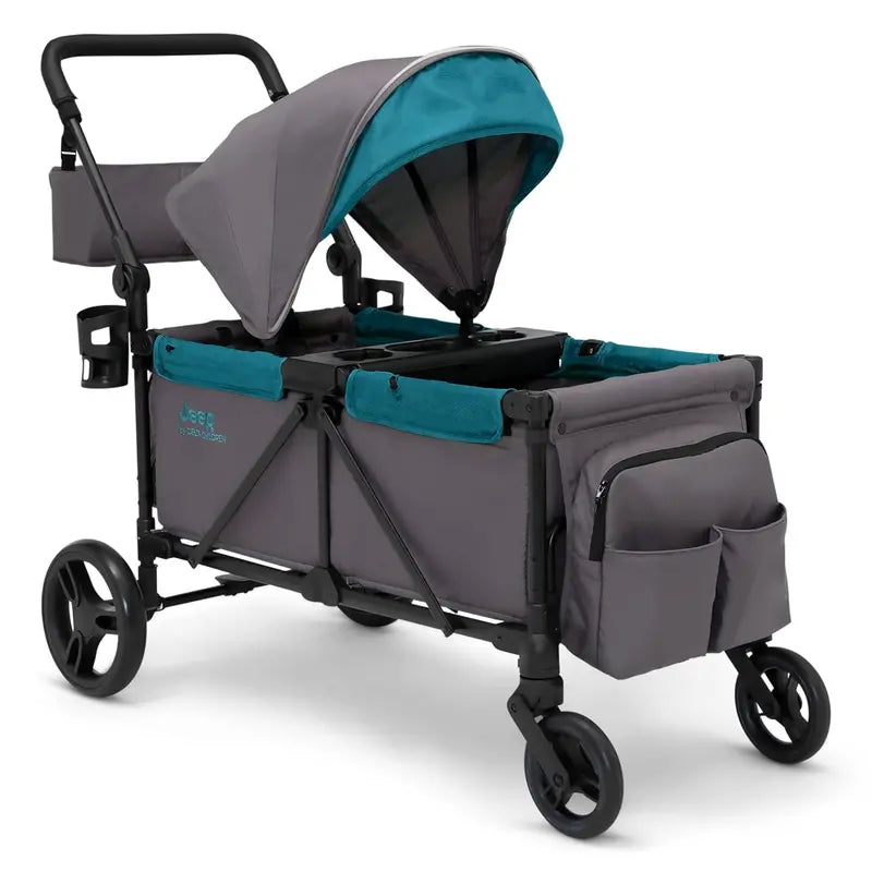 Jeep Sport All-Terrain Stroller Wagon – Delta Children Model with Canopy, Parent Organizer, Snack Tray, Cup Holders & Height-Adjustable Handlebar, Grey/Olive Green