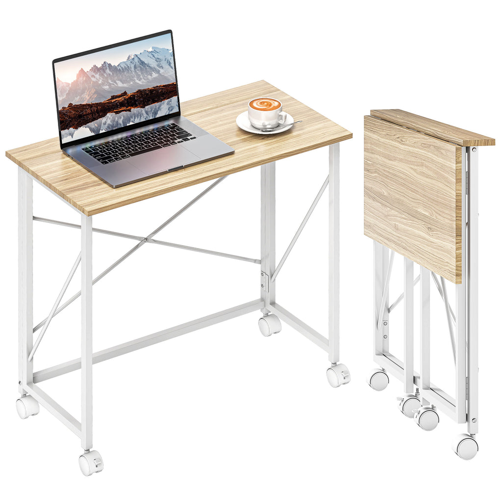 HOMCOM Klappbarer Computertisch 80 x 40 cm auf Rollen für Homeoffice, Schlafzimmer, kleine Räume, Eiche