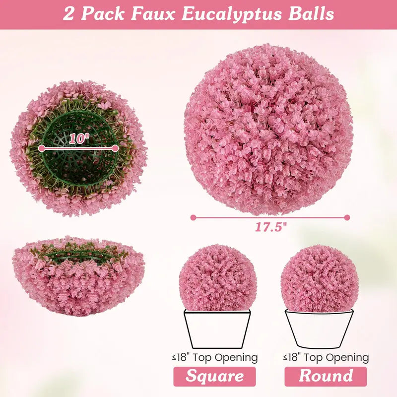 Set of Two 17.5-Inch Outdoor Artificial Topiary Balls – Pink Eucalyptus Faux Greenery