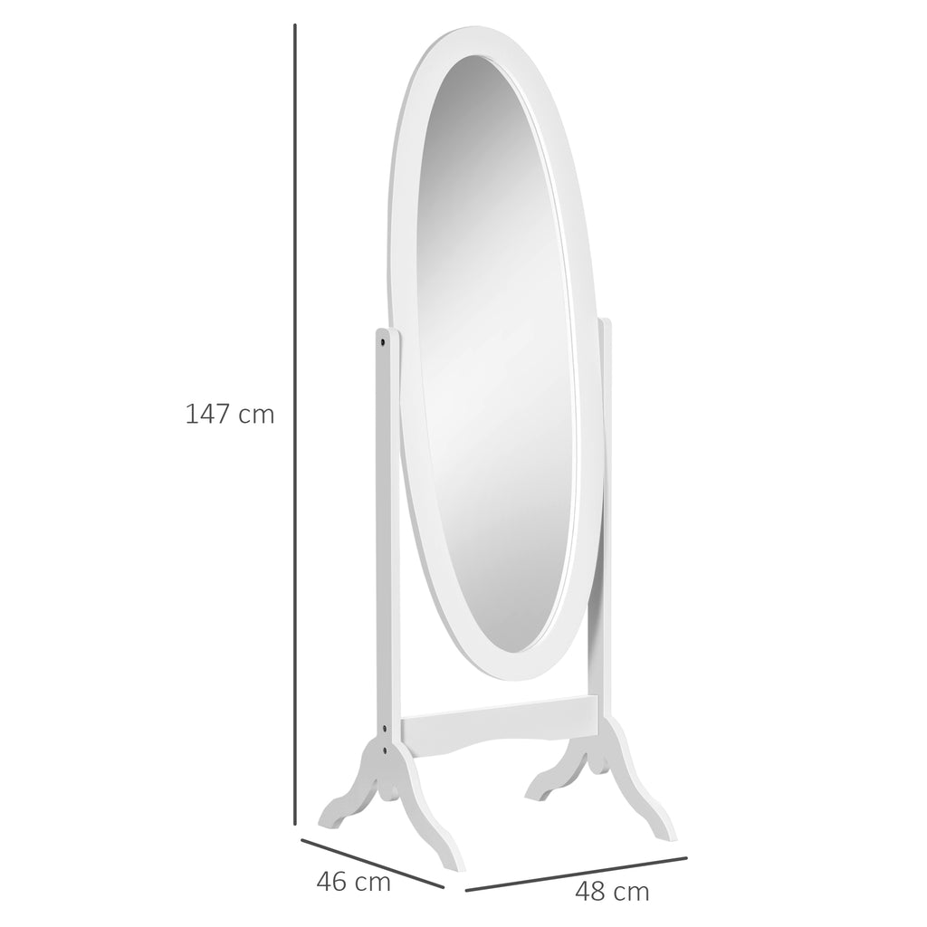 HOMCOM Ovaler freistehender Spiegel im Shabby Chic-Stil mit verstellbarer Neigung, Maße 48L x 46B x 147H cm - MDF Weiß