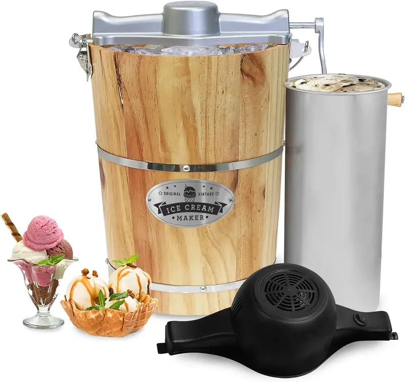 Vintage-Style 6-Quart Electric Ice Cream Maker with Wooden Bucket Design