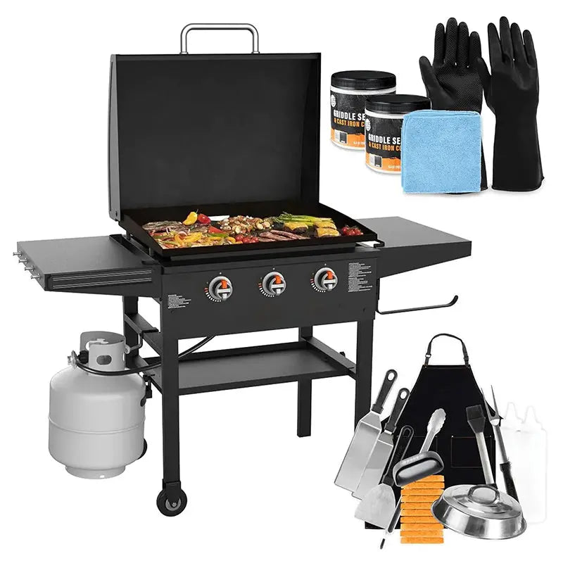 XL 3-Burner Outdoor Flat Top Grill with Hood – Griddle 2080 + Accessories Kit (Seasoning, Gloves, Cleaning Cloth)