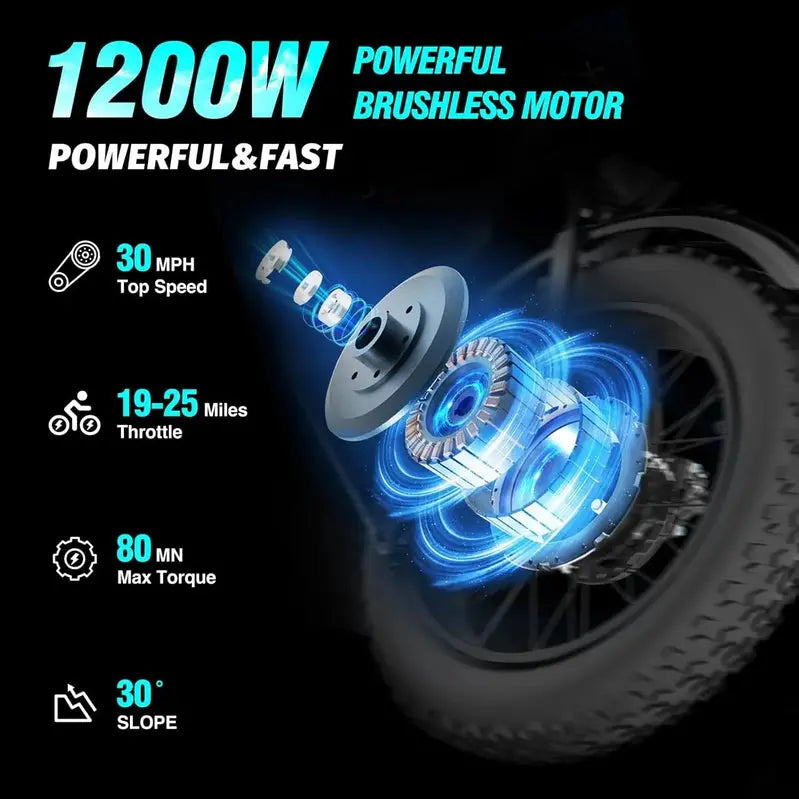 Ridstar 1200W Fat Tire E-Bike – 48V/15.6Ah Battery, 48 km/h Top Speed, Full Suspension, 20″ Wheels