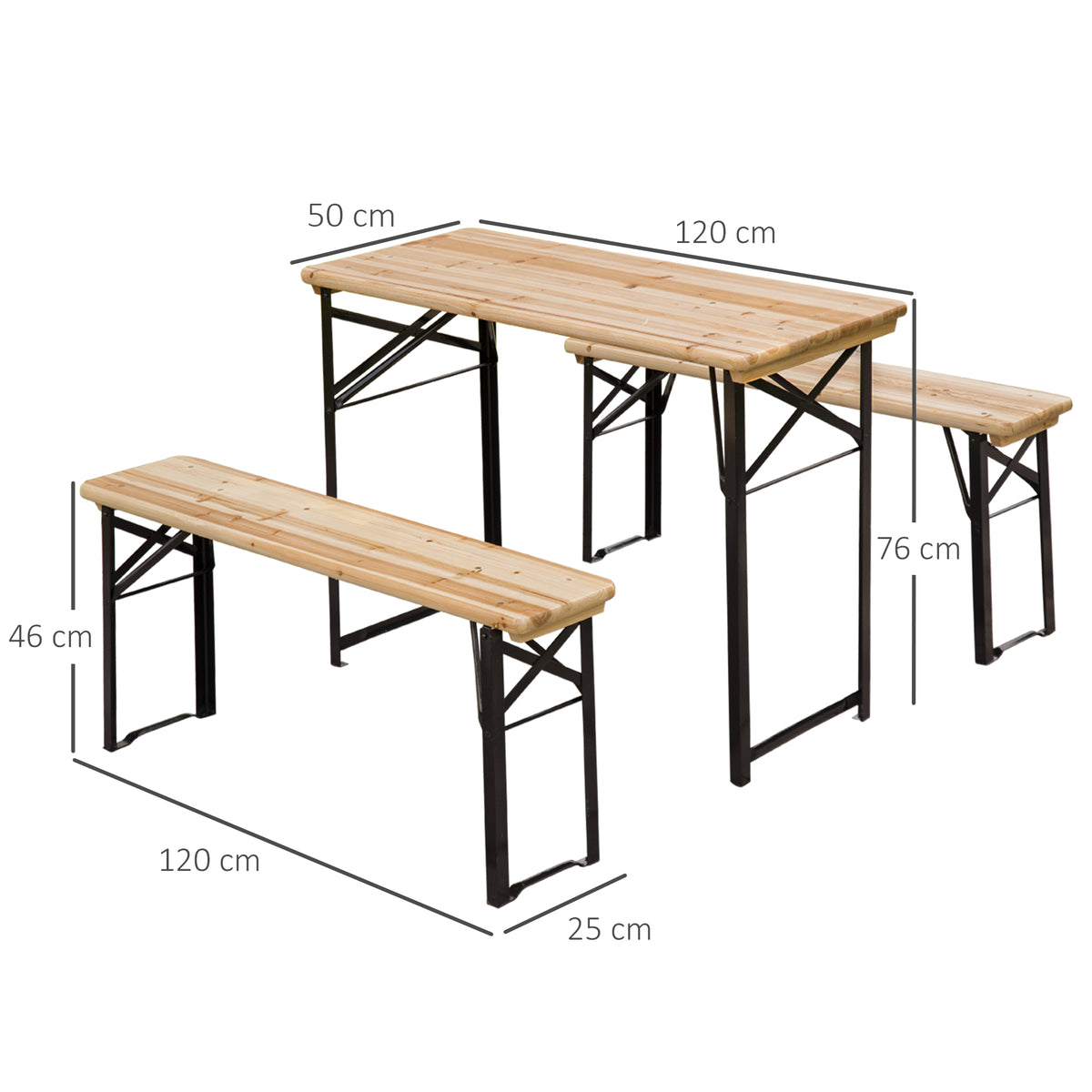 Outsunny Faltbarer Campingtisch mit Picknicktisch + 2 klappbare Bänke aus epoxidbeschichtetem Metall Schwarz Massivholz Fichte