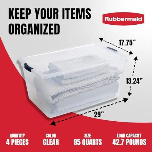 Rubbermaid CleverStore 95 Qt Clear Storage Bins – 4-Pack, Stackable, BPA-Free, See-Through Latching Lids, Made in USA