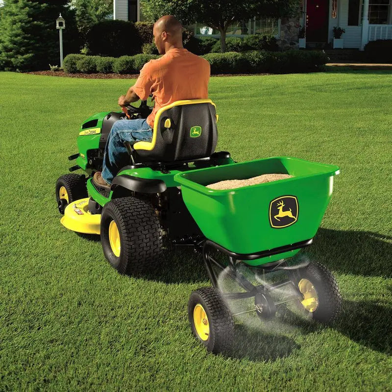 John Deere 175 lb Tow-Behind Broadcast Spreader – Rustproof Poly Hopper, Universal Compatibility