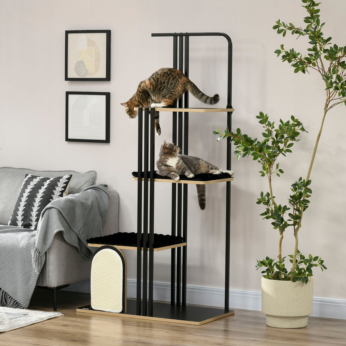 PawHut Kratzbaum, Industrial Design, 3 Plattformen, 2 Liegekissen, Kratzwand, Stahlrahmen, schwarz, 85 x 48 x 170 cm