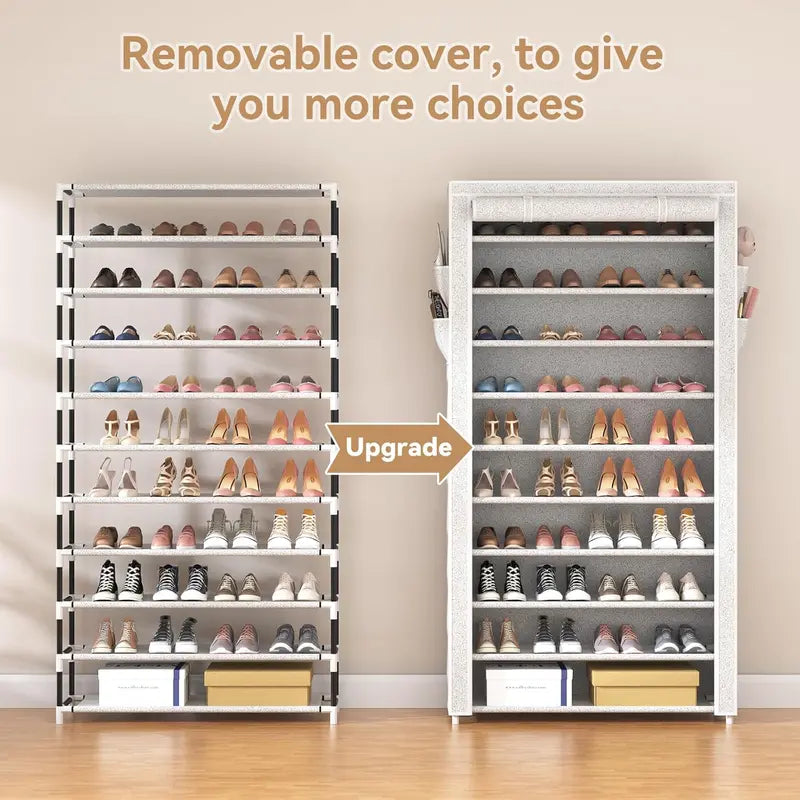 ROJASOP 10-Tier Covered Shoe Rack – Stackable Tall Storage Shelf with Dust Covers