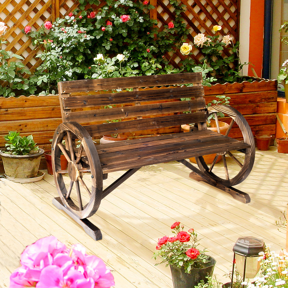 Outsunny Gartenbank 2-Sitzer Sitzbank Holzbank Wagenrad mit Armlehne Landhausstil Tannenholz Braun 105,5 x 59 x 75 cm