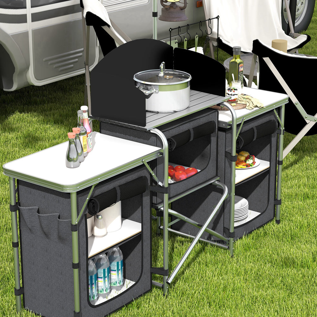 Outsunny Faltbare Campingküche mit 3 Ebenen, 5 Innenregalen und 4 Haken, 172x48x119 cm, Schwarz
