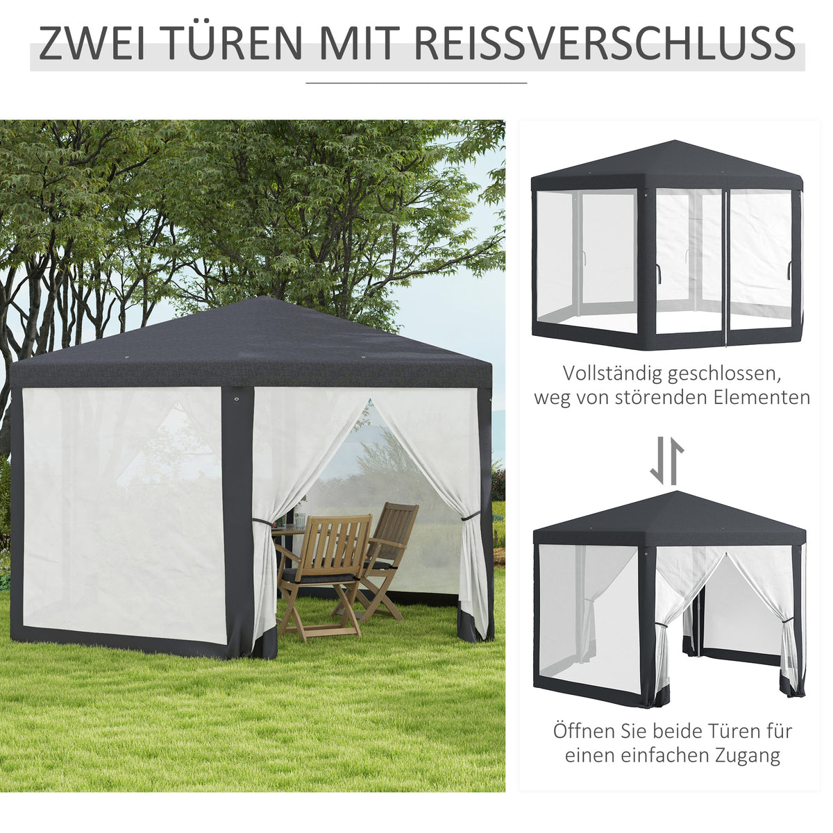 Outsunny Gartenpavillon, 6-eckig, Netzvorhänge, Metallgestell, 3,94x3,412x2,5m, Dunkelgrau