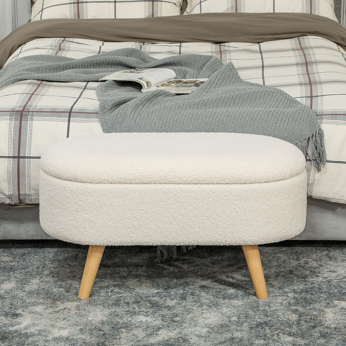 HOMCOM Sitzbank mit Stauraum und Deckel, Fußhocker für Flur, Wohnzimmer, Schlafzimmer, Holz, Stoffbezug, Weiß
