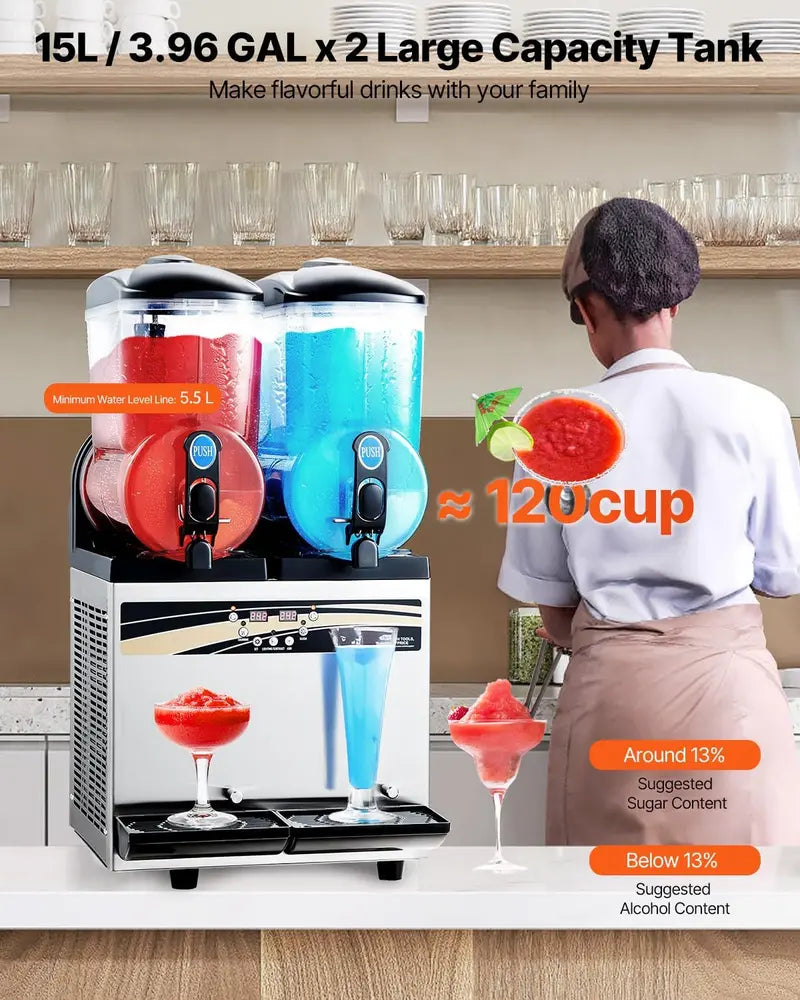 Vevor Dual-Tank Slushy Machine – 15L x 2, 120-Cup Capacity, Stainless Steel Frozen Drink Dispenser for Bars & Events