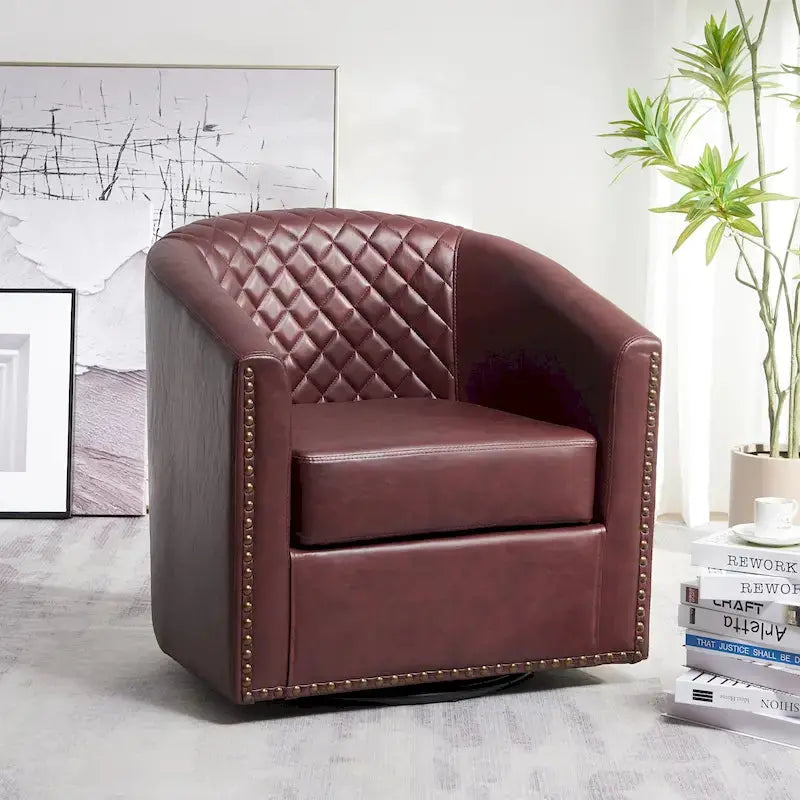 KINWELL Swivel Barrel Chair – 29″ Wide Tufted PU Leather Accent Seating with 360° Rotation