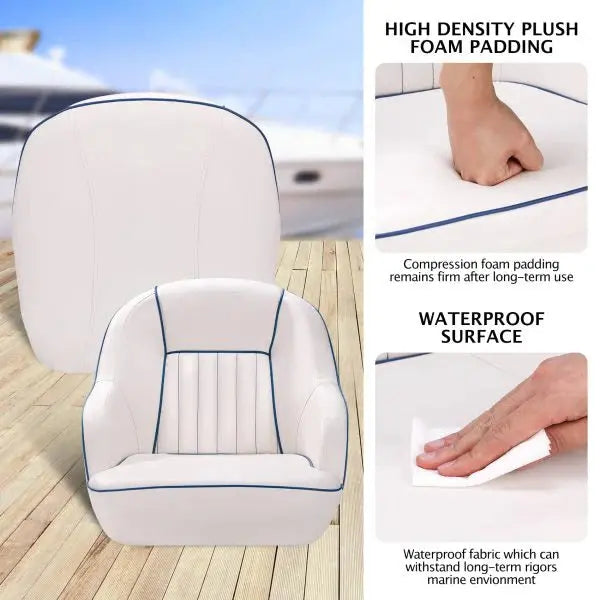White & Blue Pontoon Boat Captain's Seat – Fold-Back Backrest, Cabin-Ready
