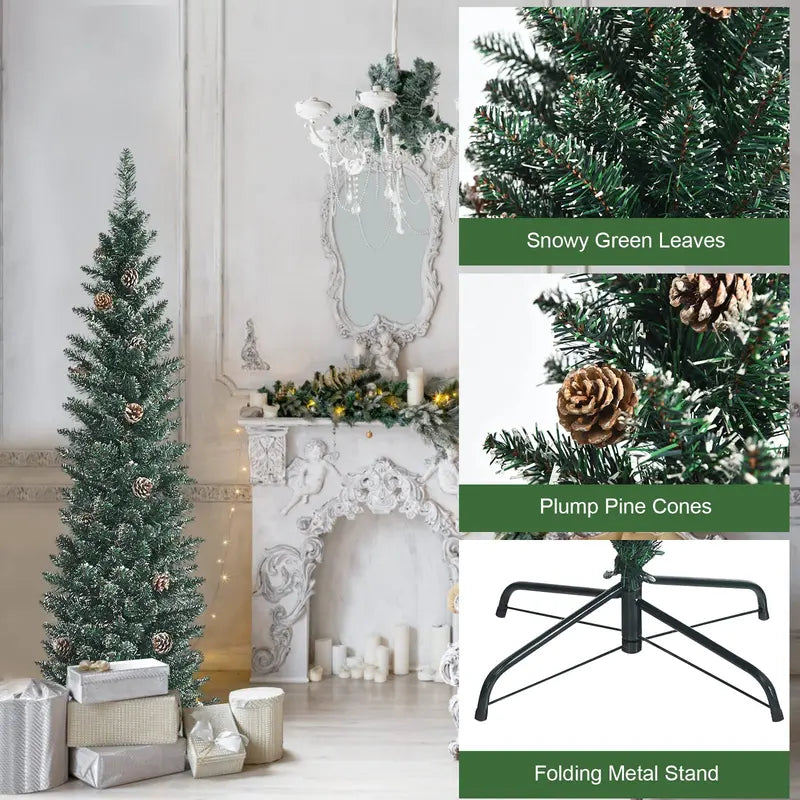 Slim Snow-Flocked Pencil Christmas Tree – Pre-Lit Artificial Tree with Hinged Branches