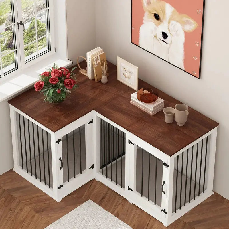 L-Shaped Corner Dog Crate Furniture – Dual-Dog Capacity, 58.7″ x 41.1″, Stylish Enclosed Design