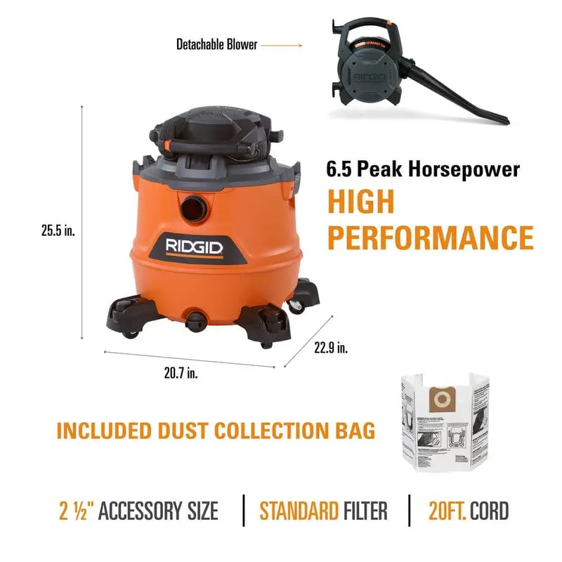 RIDGID 16 Gallon 6.5 Peak HP NXT Wet/Dry Shop Vacuum with Detachable Blower, Filter, Dust Bags, Locking Hose and Accessories HD1600B