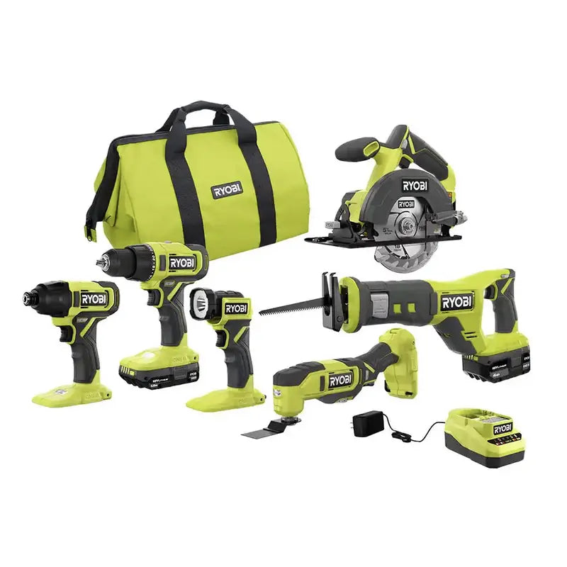 RYOBI ONE+ 18V 6-Tool Cordless Combo Kit – Drill, Impact Driver, Saw, Multi-Tool & LED Light