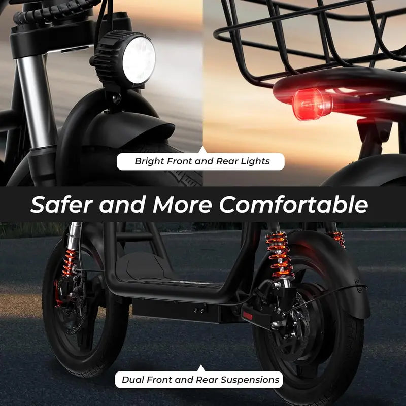 iScooter Foldable Electric Scooter with Seat – 37-Mile Range, Triple-Speed Modes (28/19/15.6 mph), Dual Suspension & Front Basket
