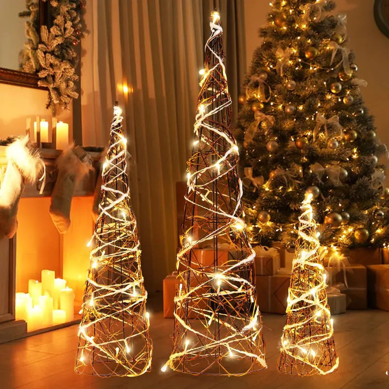 Set of Three Tapered Indoor Christmas Cone Trees — 32″, 24″, and 16″ with Warm White LED Lights