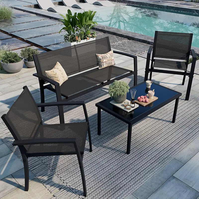 Shintenchi All-Weather 4-Piece Outdoor Conversation Set with Glass Coffee Table, Loveseat & Two Chairs