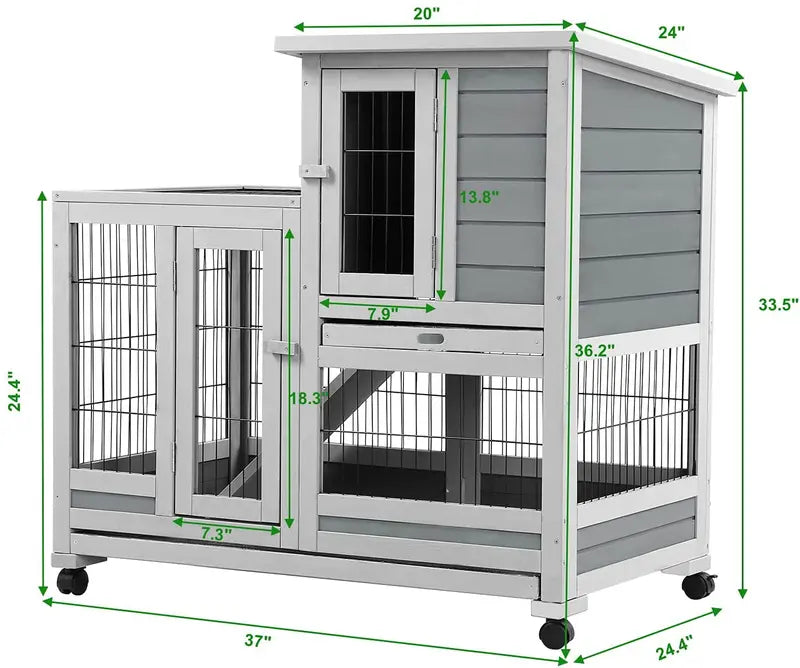 YODOLLA Large Indoor Rabbit Hutch with Wheels, Fir Wood Bunny Cage for Small Animals, Easy Clean Trays & Nesting Box