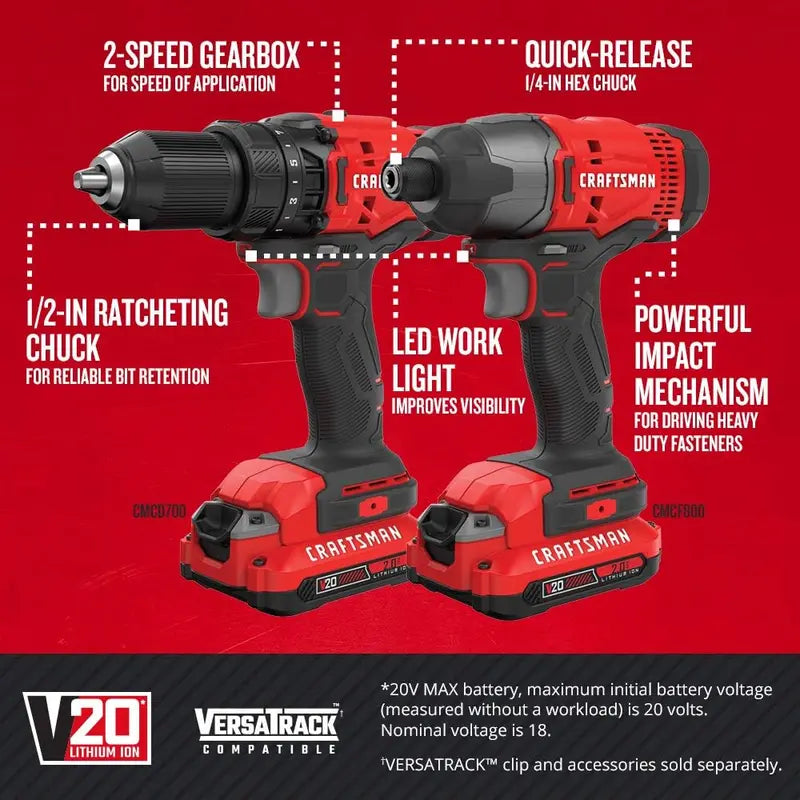 V20 MAX Cordless Drill & Impact Driver Combo — 2-Battery Kit with Fast Charger & All-in-One Power Tools