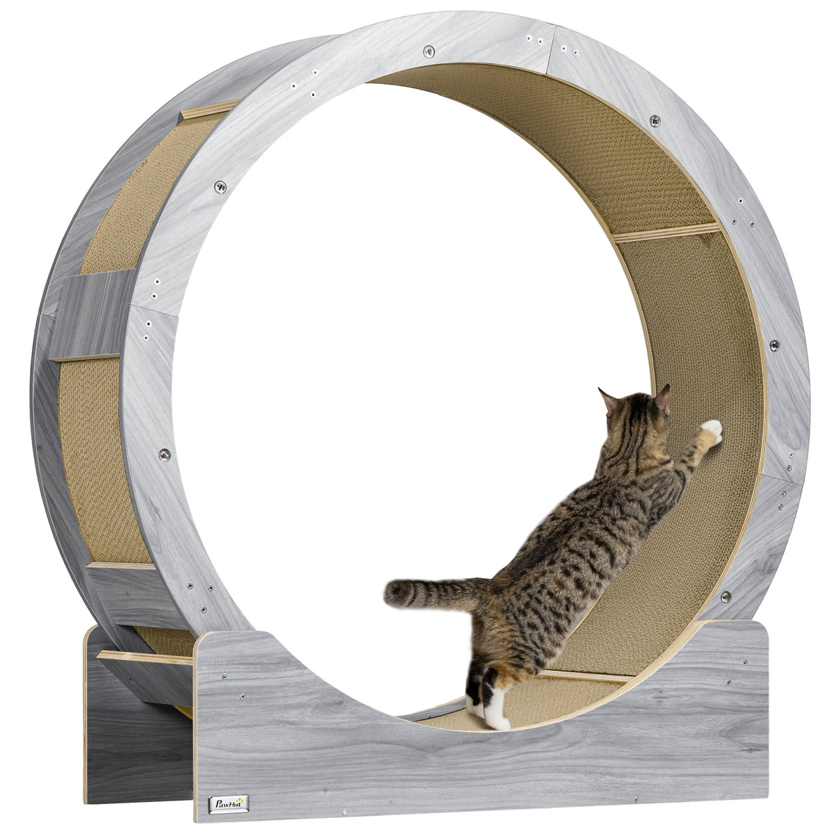 PawHut Katzenlaufrad, Laufrad für Katzen, 91 cm, mit Bremse, Kratzmatte, Katzenrad für gesunde Bewegung, Walnuss