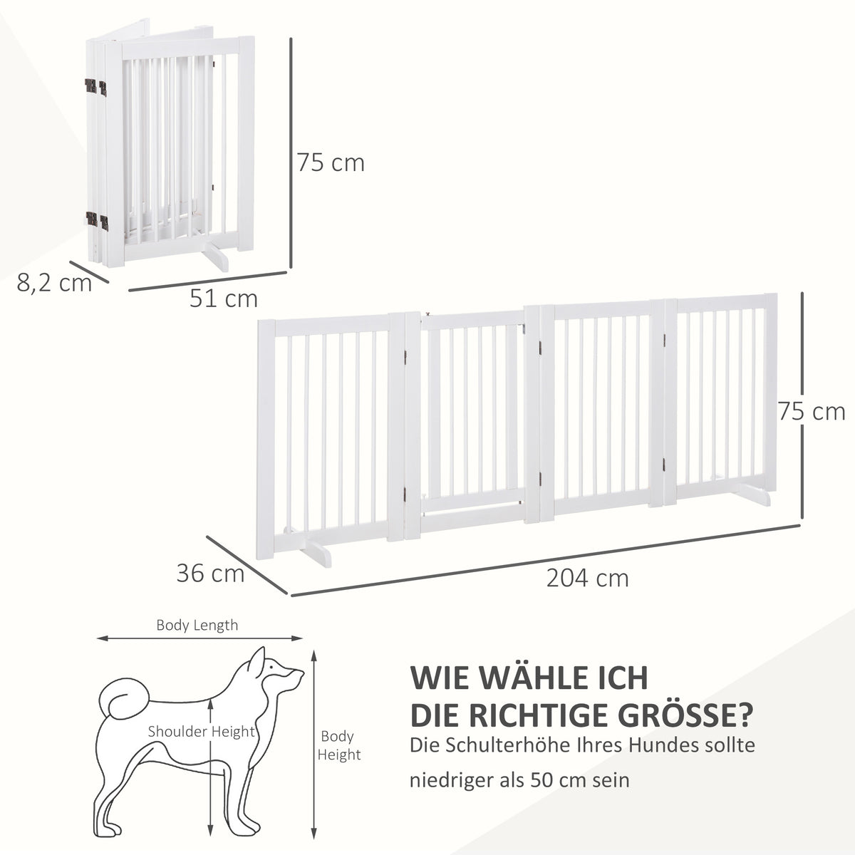 PawHut Absperrgitter Hund 4-teilig, 204 x 75 cm Faltbar Türschutzgitter mit Tür, Freistehend Hundegitter mit 2 Stützfüßen, Treppengitter aus Holz für Flur, Küche, Treppe, Weiß