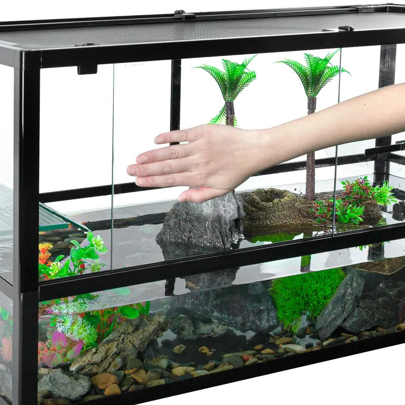 REPTIZOO 40 Gallon Turtle Tank with Basking Platform & Ventilated Mesh Cover, Black