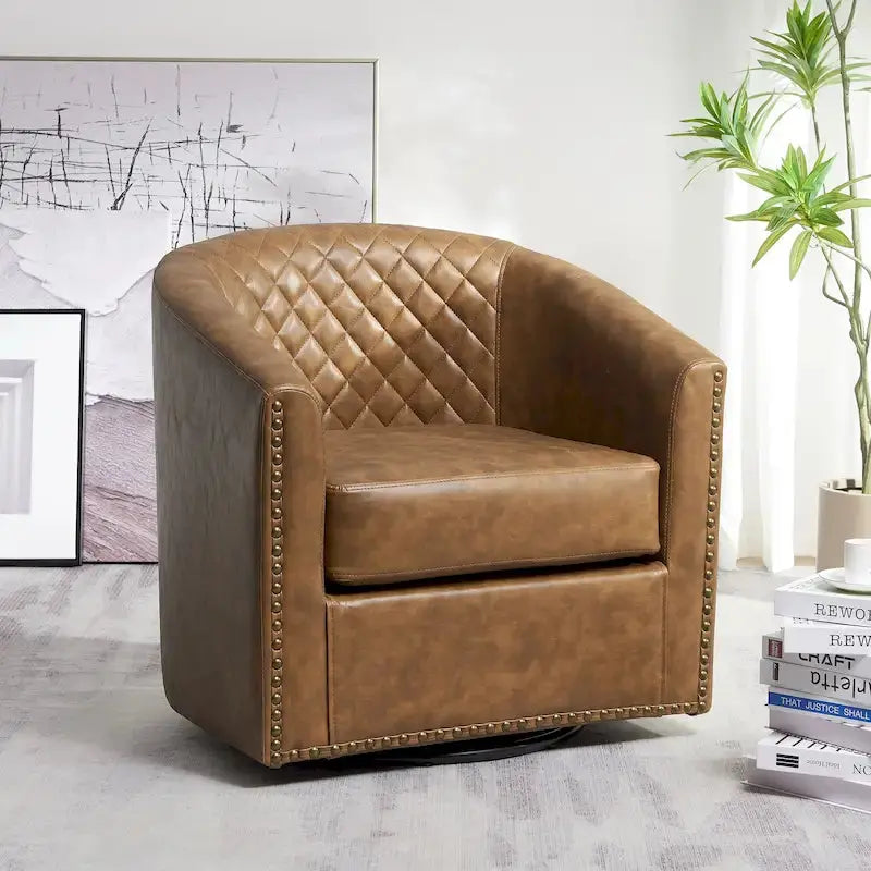 KINWELL Swivel Barrel Chair – 29″ Wide Tufted PU Leather Accent Seating with 360° Rotation