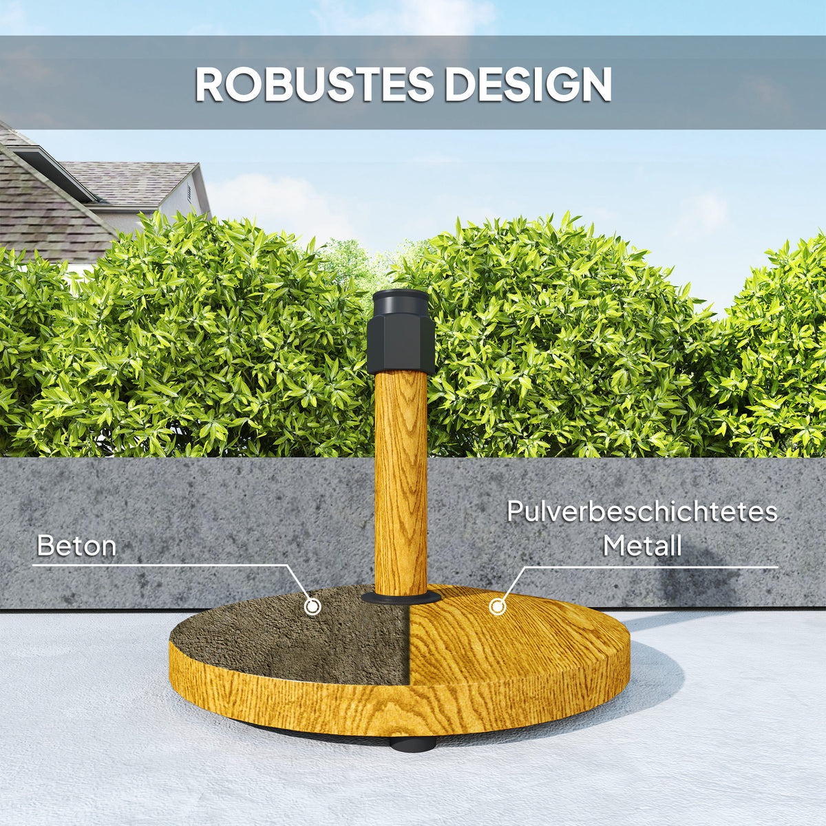 Outsunny Gartenschirmständer, Sonnenschirmbasis Verstellbare Fußpads Basis für Gartenschirm, Metall, Beton, Naturholz