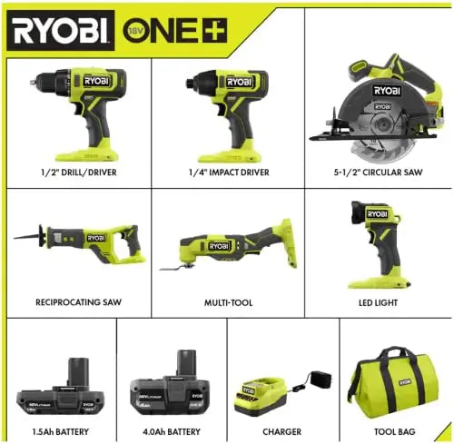 RYOBI ONE+ 18V 6-Tool Cordless Combo Kit – Drill, Impact Driver, Saw, Multi-Tool & LED Light