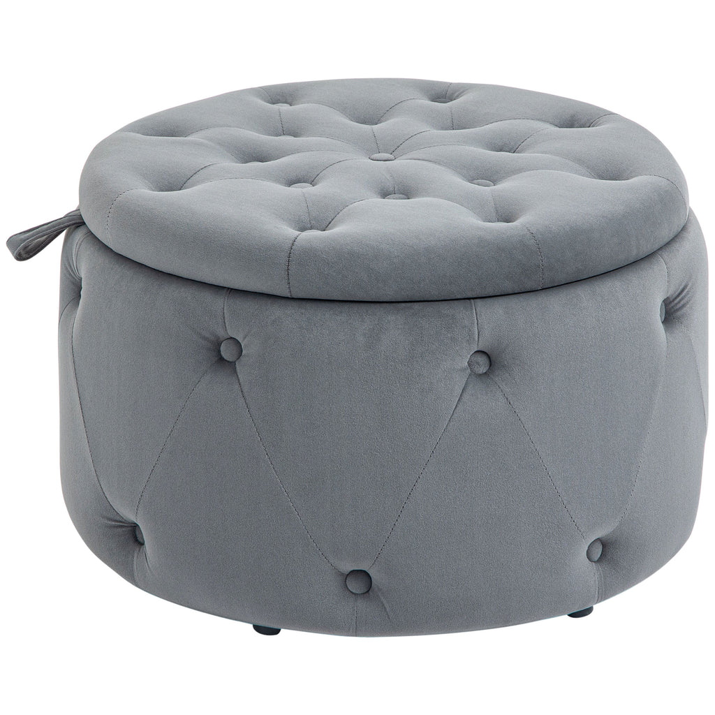 HOMCOM Hocker, rund, mit Staufach, Steppdesign mit Knöpfen, Bezug in Samtoptik, grau, 60 x 60 x 40cm