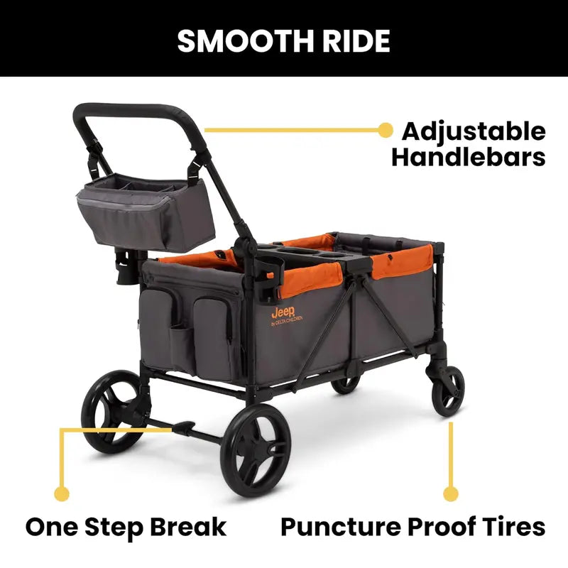 Jeep Sport All-Terrain Stroller Wagon – Delta Children Model with Canopy, Parent Organizer, Snack Tray, Cup Holders & Height-Adjustable Handlebar, Grey/Olive Green