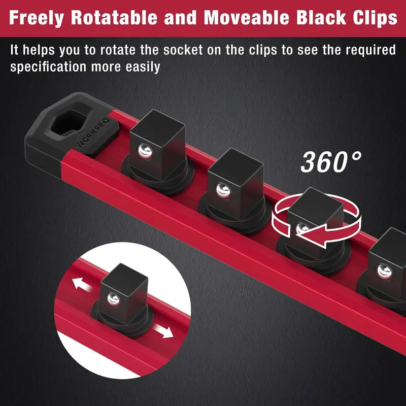 WORKPRO Aluminum Magnetic Socket Organizer – 3-Piece Set for 1/4″, 3/8″, and 1/2″ Sockets
