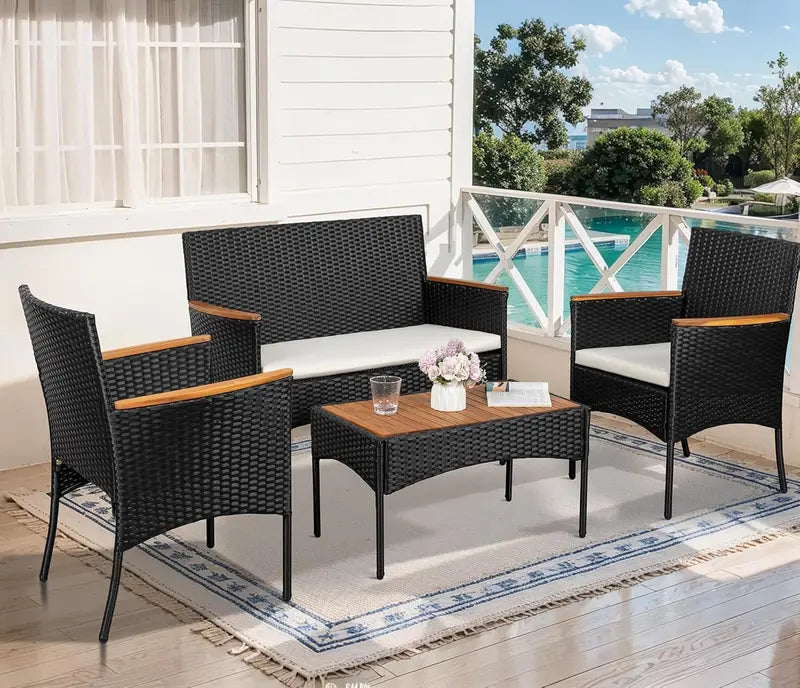 Shintenchi 4-Piece Wicker Patio Set – Outdoor Conversation Furniture with Wooden Table & White Cushions